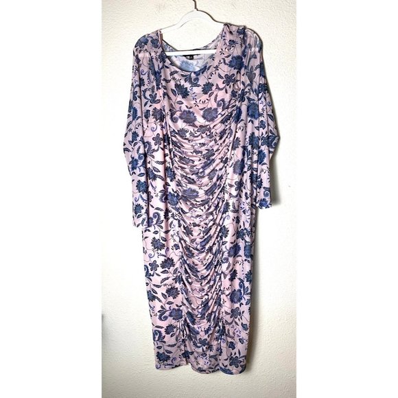 Eloquii Ruched Bodycon Floral Print Long Sleeve Stretch Midi Slit Dress Blush Pi - Picture 4 of 9